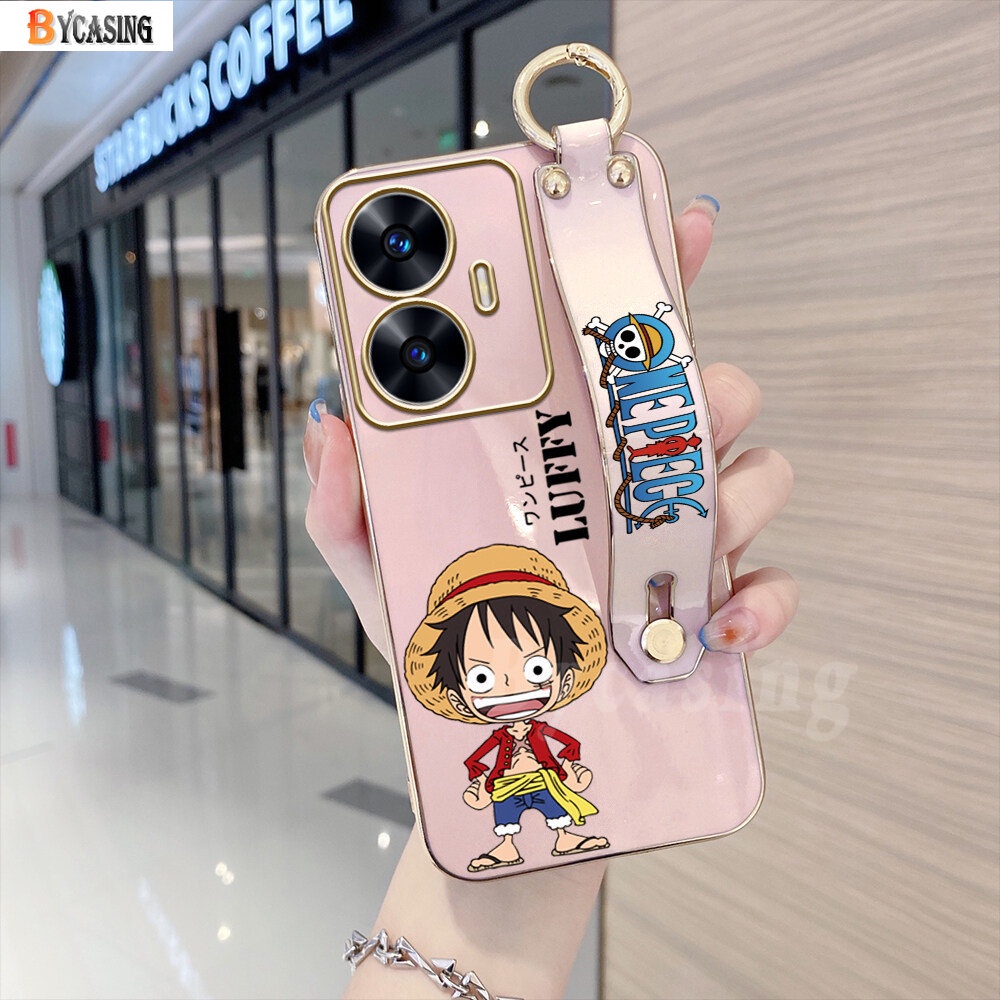 Realme C55 C35 C33 C30 C21Y C25Y C31 Realme10 5i 6i C11 2021 C15 C12 C25 C20 C2 Narzo 50A Mewah Lapis Chrome Kartun Anime Luffy Soft TPU Square Phone Case Dengan Gelang Tangan BY