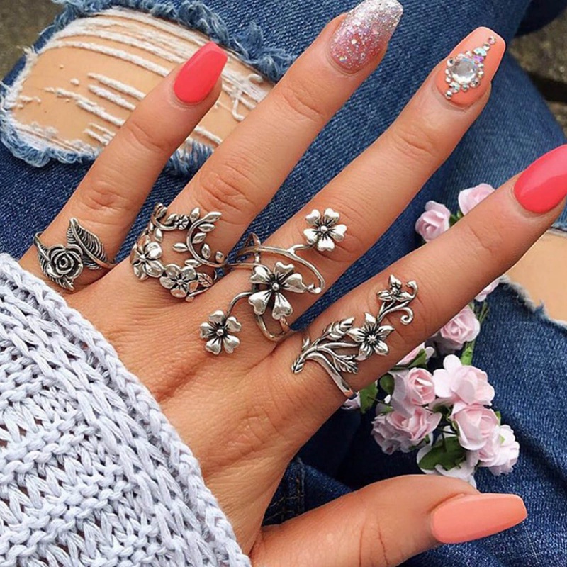 4pcs /Set Antik Perak Bohemia Hollow Bunga Pembukaan Cincin Set Untuk Wanita Floral Knuckle Ring Perhiasan Aksesoris