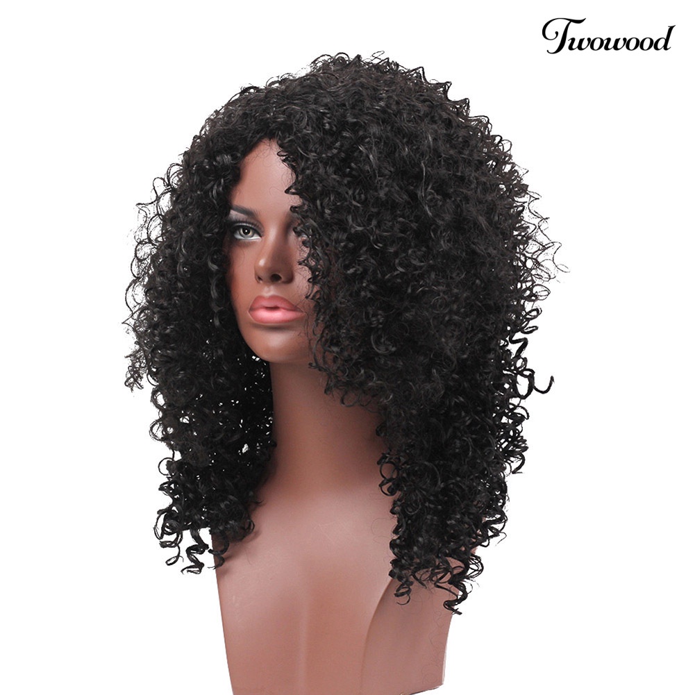 Twowood Wanita Fashion Afro Kinky Curly Rambut Sintetis Panjang Warna Hitam Pesta Wig Keren