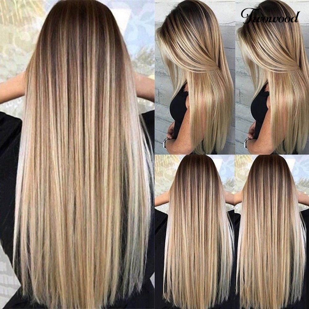 Twowood Long Wig Super Long Belah Tengah High Gloss Serat Suhu Tinggi Rambut Sintetis Golden Lurus Wig Untuk Perjamuan