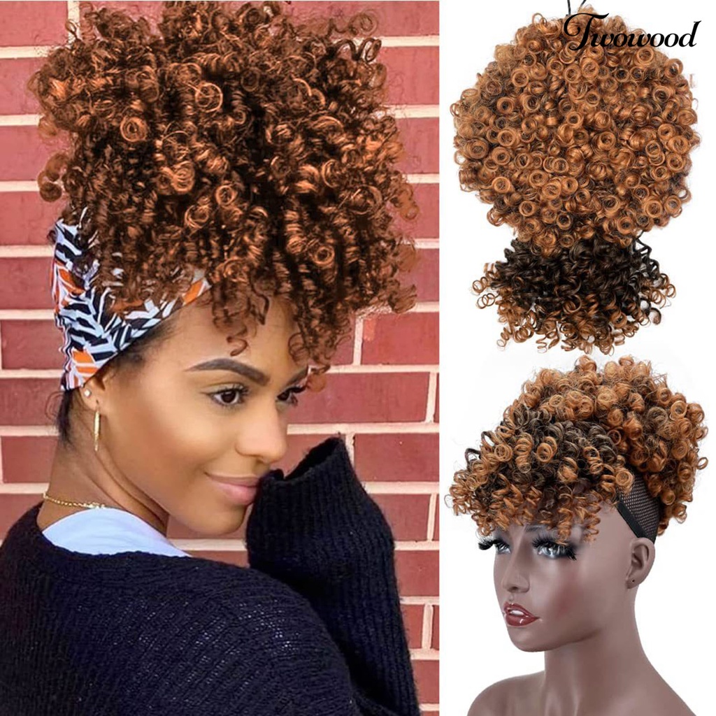 Twowood Curly Wig Fluffy Natural Look Soft Touch Realistis Hias Resilient African Curly Serut Ponytail Wig Dengan Poni Gadis Pasokan