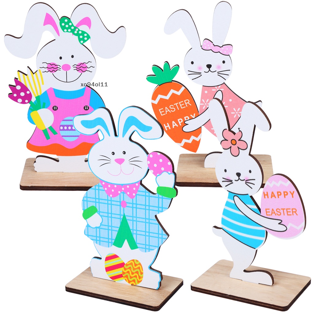 Xo Easter Wood Bunny Tabletop Ornaments Decor 4PCS Table Sign Dekorasi Indoor Outdoor OL