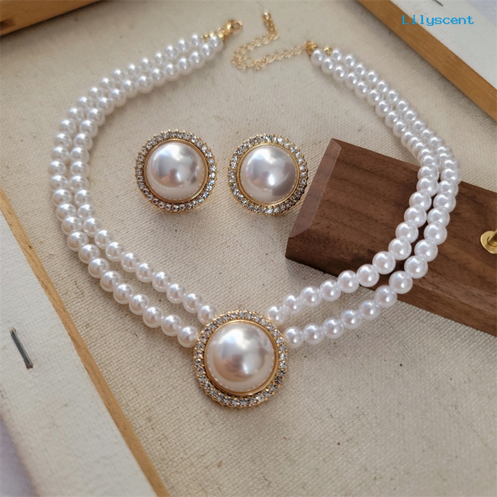 [LS]1 Set Kalung Pengantin Gaya Perancis Vintage Temperamen Double Layer Elegan Hadiah Hypoallergenic High Gloss Mutiara Imitasi Anting Cincin Perhiasan Pernikahan