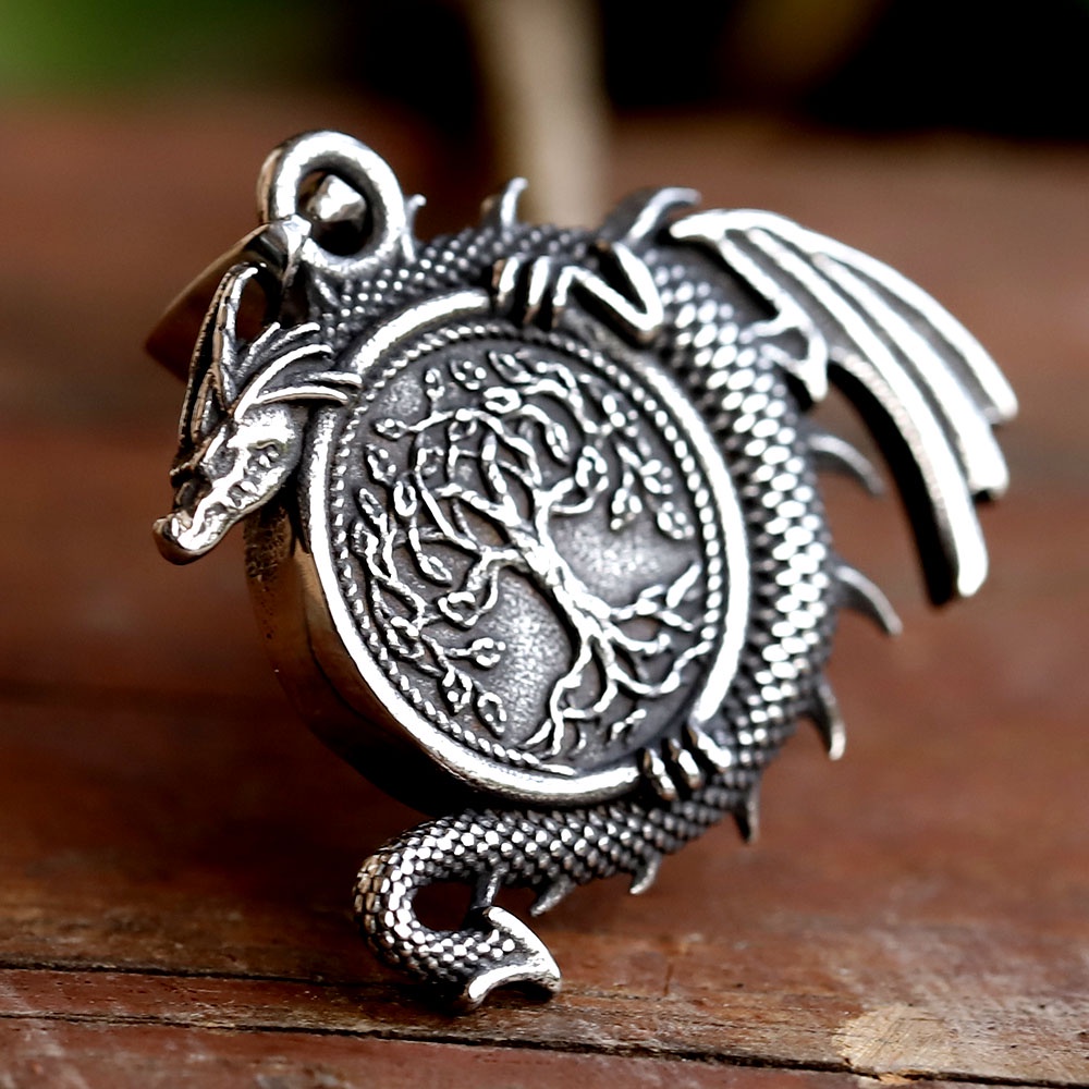 Vintage Fashion Punk Viking Nordin Pohon Kehidupan Dan Liontin Naga Vintage Kalung Perhiasan Hewan Untuk Hadiah