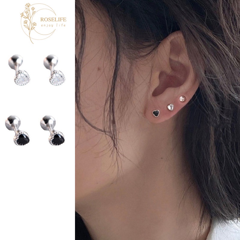 Roselife S925 Perak Bersinar Hitam Transparan Zirkon Jantung Tindik Sekrup Anting Untuk Wanita Perempuan Anti Alergi Double-end Tindik Kecil Kristal Stud Earring Perhiasan Telinga 1pasang