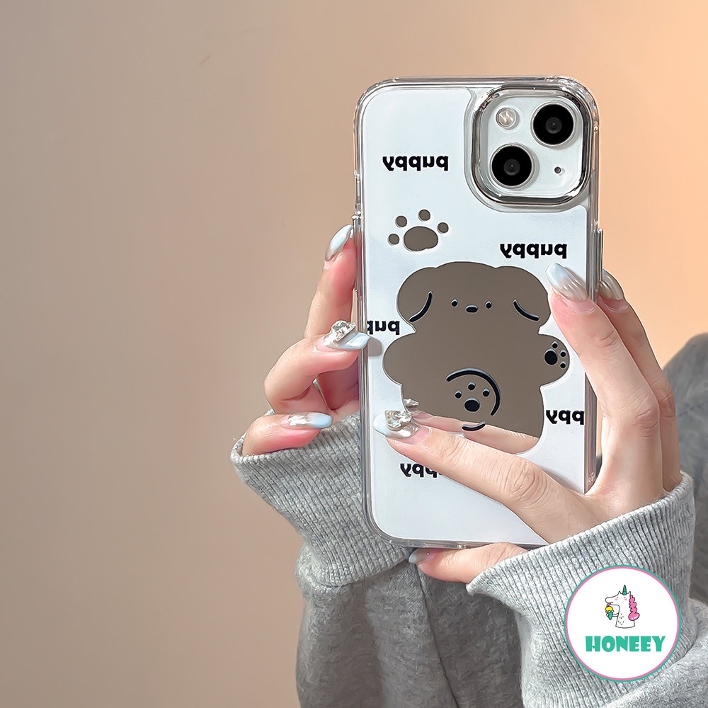 IPHONE Cermin Rias Beruang Lucu Kartun Puppy Shockproof Phone Case Untuk Iphone14 11 12 13 Pro Max Huruf Lucu Lembut Penutup Belakang