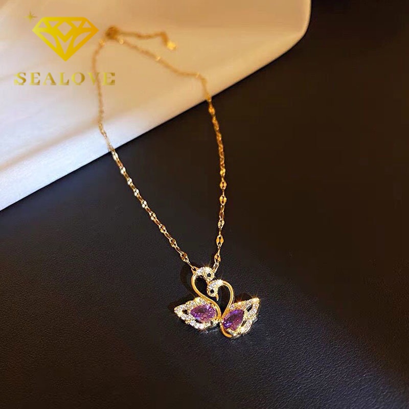 Kalung Titanium Swan Angsa Kristal Ungu Berlian Emas 18K Anti Karat Mewah Elegan Korea Aksesoris Wanita Perhiasan