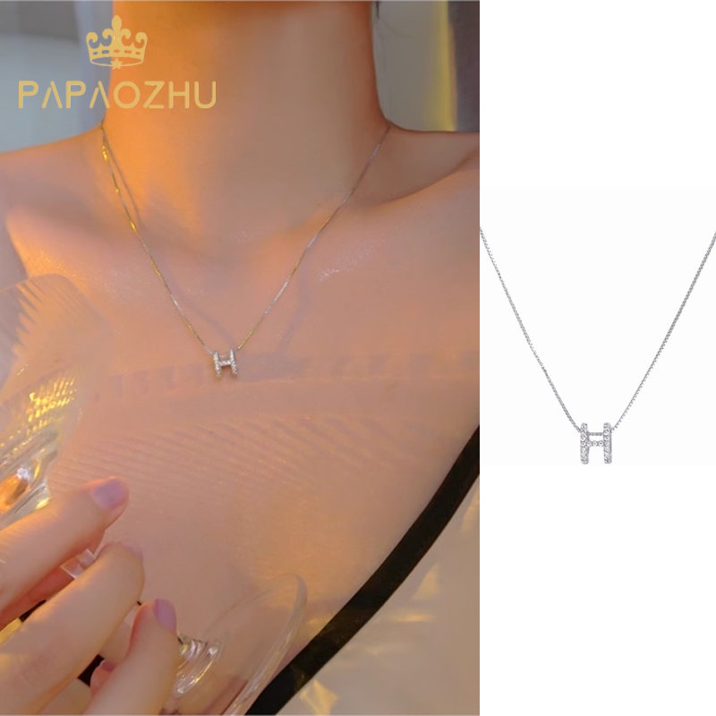 Papaozhu Ins Trendi Glittery Kristal Huruf H Liontin Kalung Untuk Wanita Gadis Fashion Bersinar Zirkon Kalung Perhiasan Temperamen Rantai Tulang Selangka