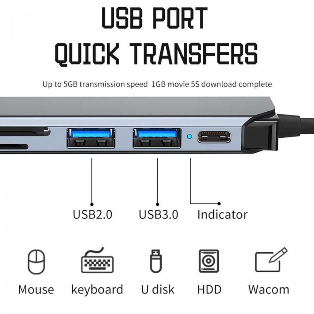 USB Hub Type C Adapter 7 Port in 1 USB 3.0 USB 2.0 PD 5W Plug and Play