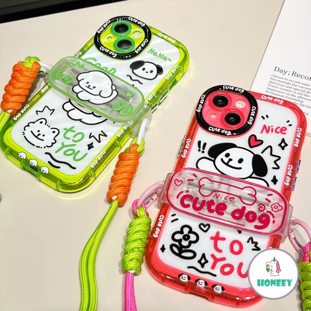 IPHONE Neon Garis Graffiti Anjing Klip Belakang Lanyard Ponsel Case Kompatibel Untuk Iphone14 12 13 Pro Max11 Penuh Bungkus Lensa Drop Cover Pelindung