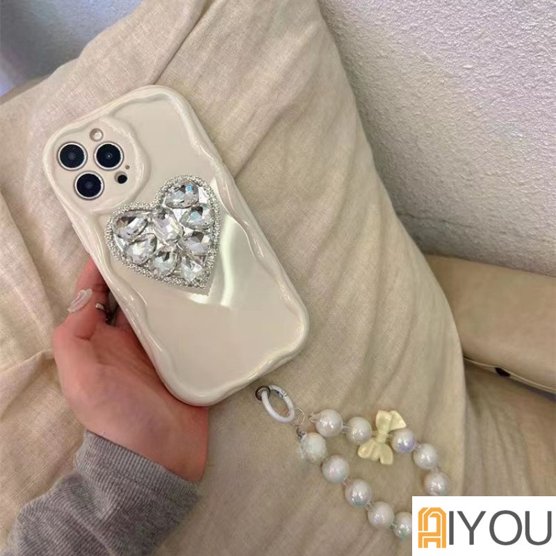 IPHONE Mewah Bling Berlian Love Heart Phone Grip Tok Griptok Korea Holder Phone Case Untuk Iphone11 12 13 14 Pro Max7 8 Plus 11Pro X XR XS MAX Se2020 2022 Casing Ponsel Gelombang Lucu