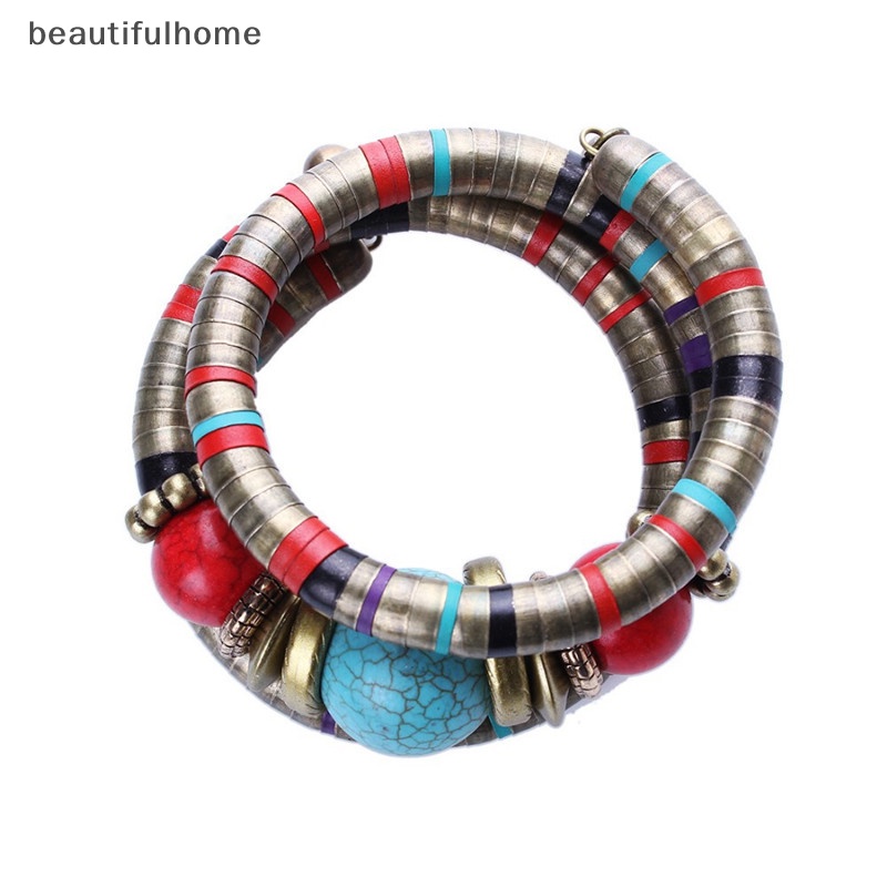 {beautifulhome} Wanita Warna Perak Imitasi Turquoise Boho Adjust Bangles Charm Chic Beads Bracelets.