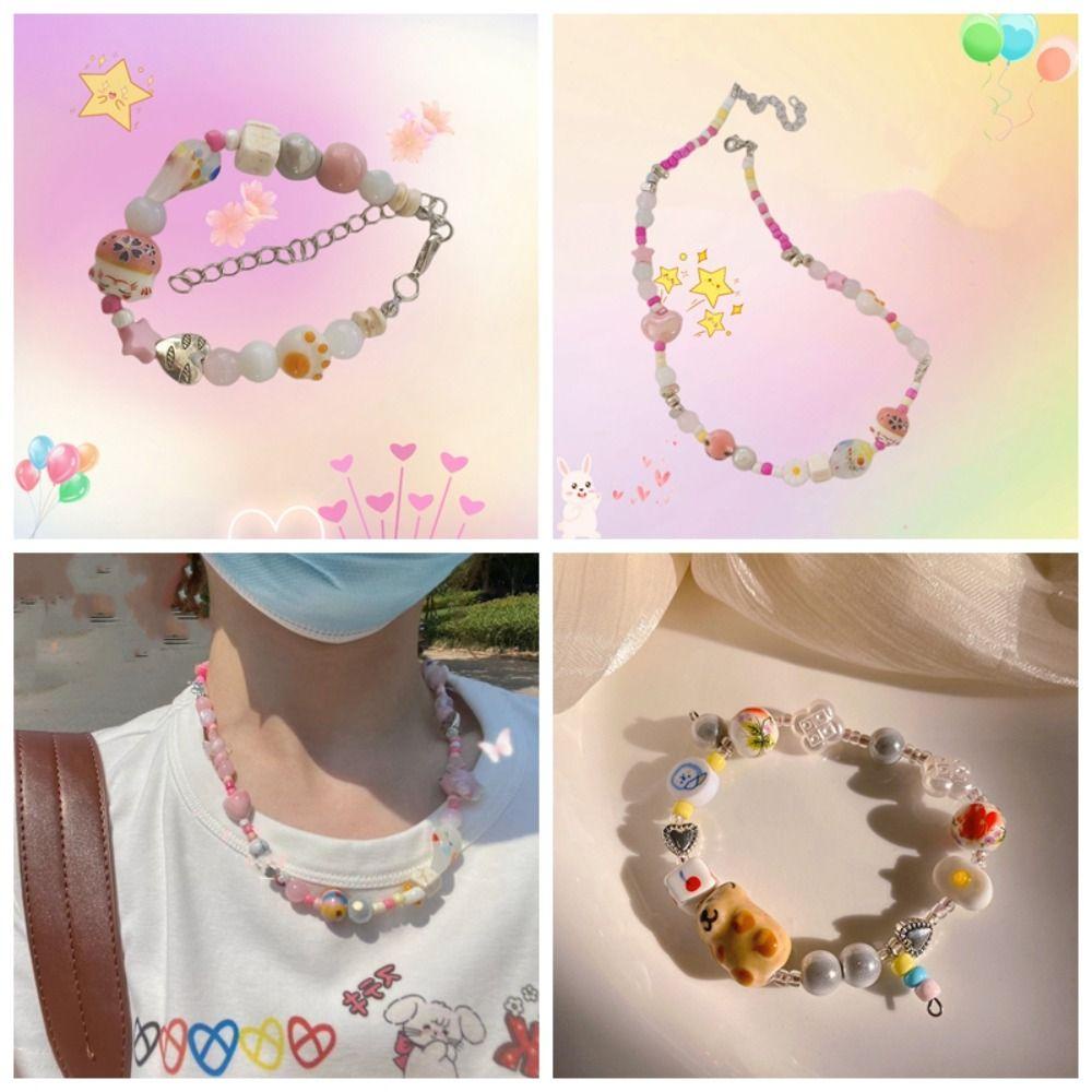 Needway Wanita Warna-Warni Kalung Lucu Manis Hati Resin Fashion Perhiasan Gadis Choker Y2K Kalung Untuk Hadiah Hari Valentine