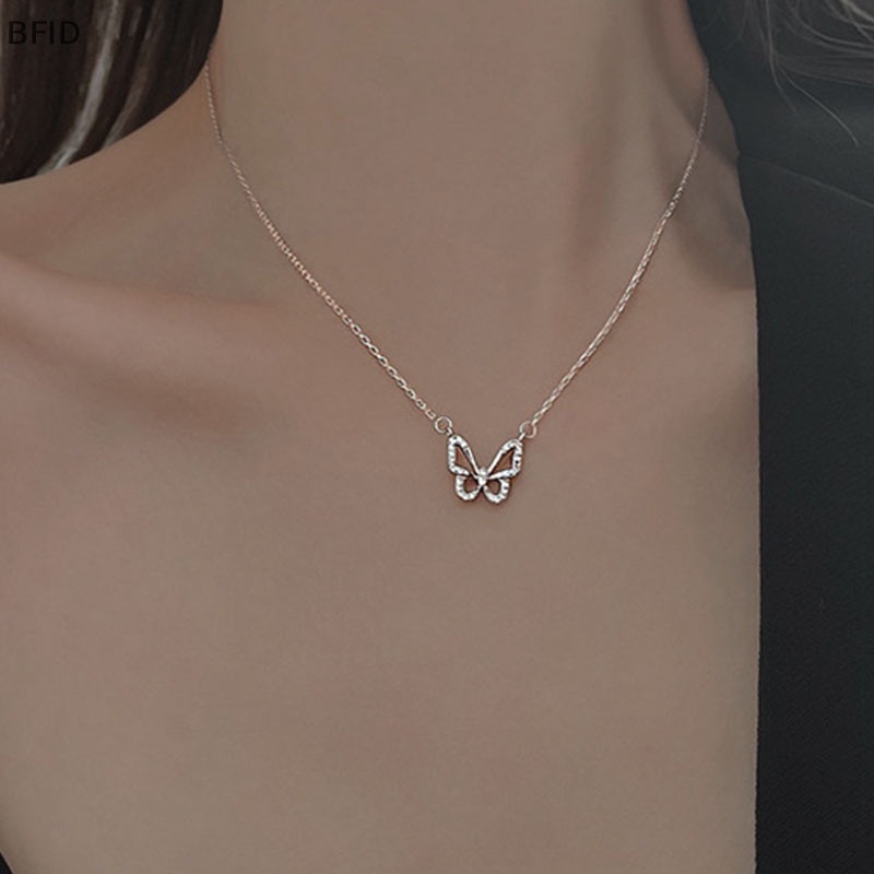 [BFID] Shiny Butterfly Necklace Indah Emas Perak Kristal Liontin Kerah Rantai Fashion Klavikula Rantai Wanita Pesta Perhiasan Hadiah [ID]