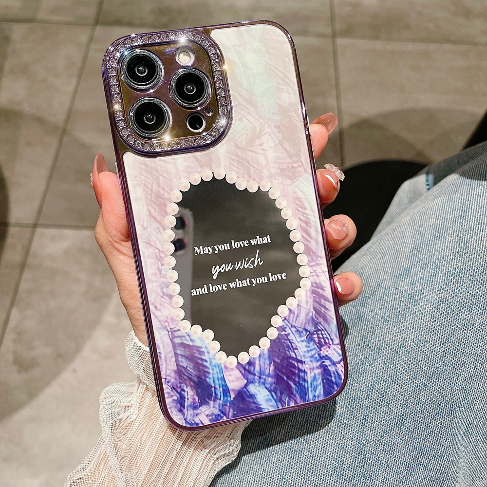 IPHONE Gadis Berlian Berkilau Perhiasan Make Up Cermin Ponsel Case Untuk Iphone13 14 Pro Max14 Plus Mewah Plating Dream Shell Bumper Cove