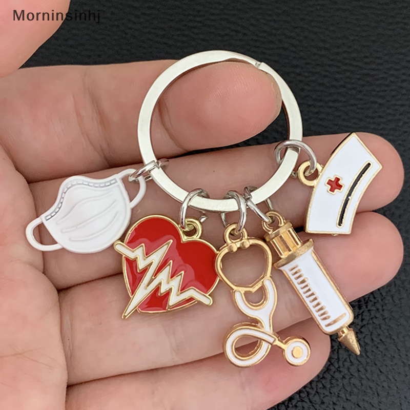 Mornin Dokter Gantungan Kunci Alat Gantungan Kunci Detak Jantung Nurse Cap Key Ring Hadiah Perawat Kreatif DIY Perhiasan Handmade id