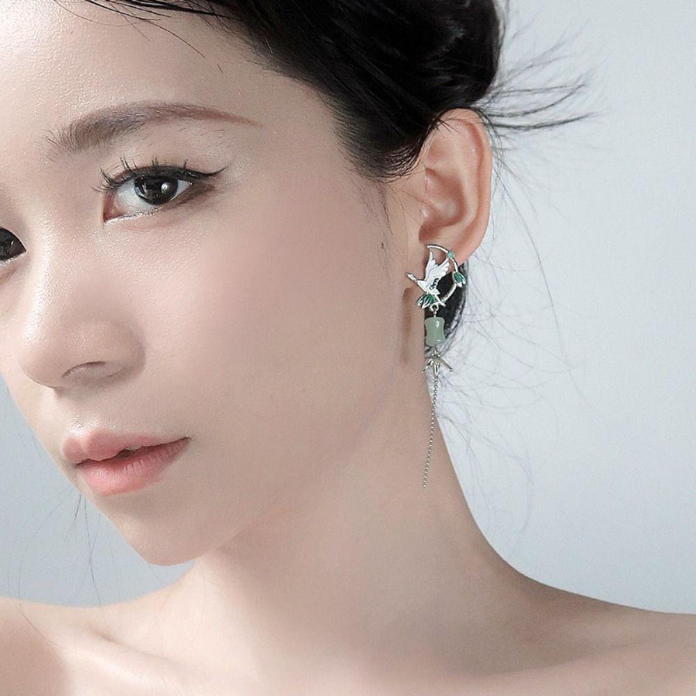 Mxbeauty Perhiasan Anting Rumbai Enamel Crane Alloy Fringe Earrings Untuk Wanita