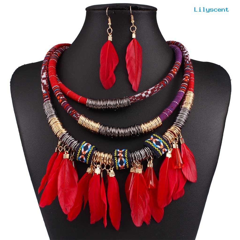 [LS]2Pcs /Set Bulu Rumbai Kalung Anting Set Multilayer Alloy Bohemian Etnik Perhiasan Set Perhiasan Aksesori