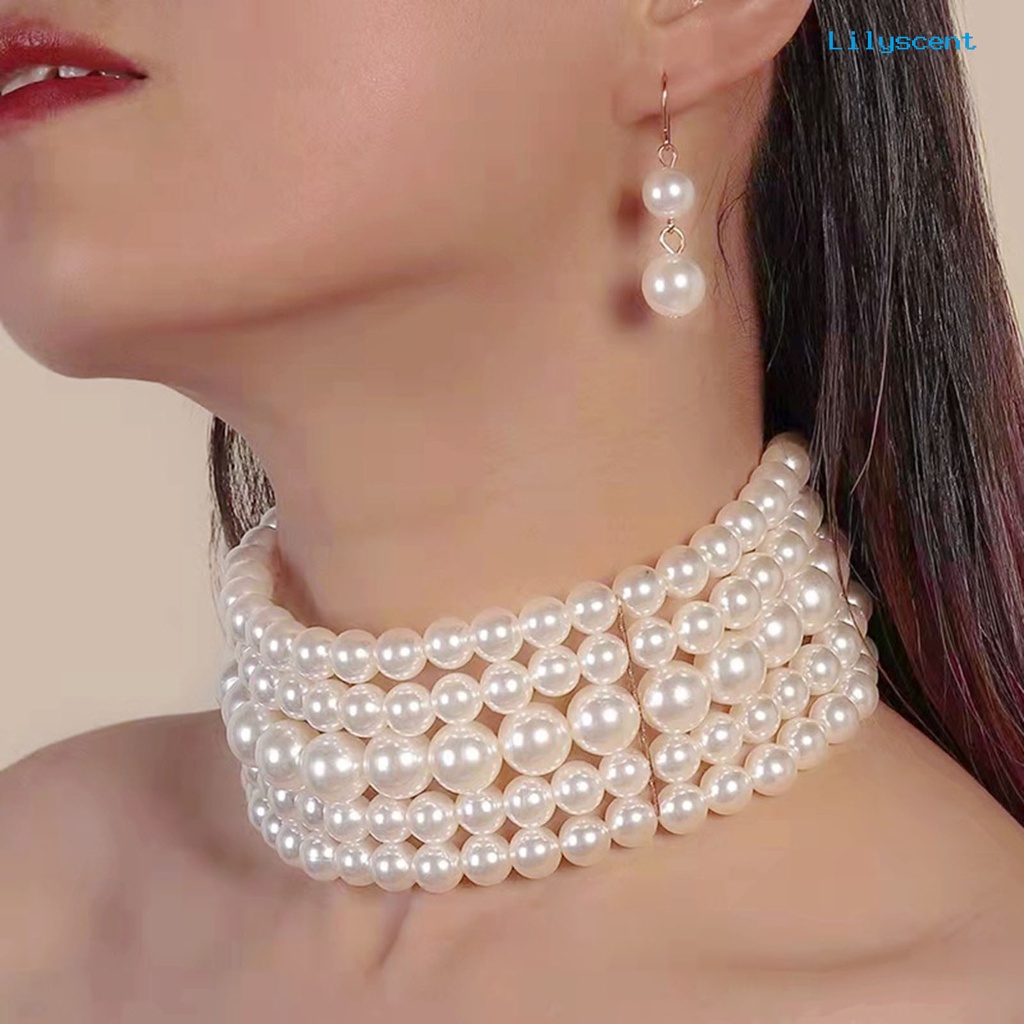 [LS] Set Perhiasan Pengantin Berlebihan Temperamen Multi-layer Manik-Manik Mutiara Imitasi Hias Hadiah Wanita Kalung Pendek Anting Set Aksesoris Gaun