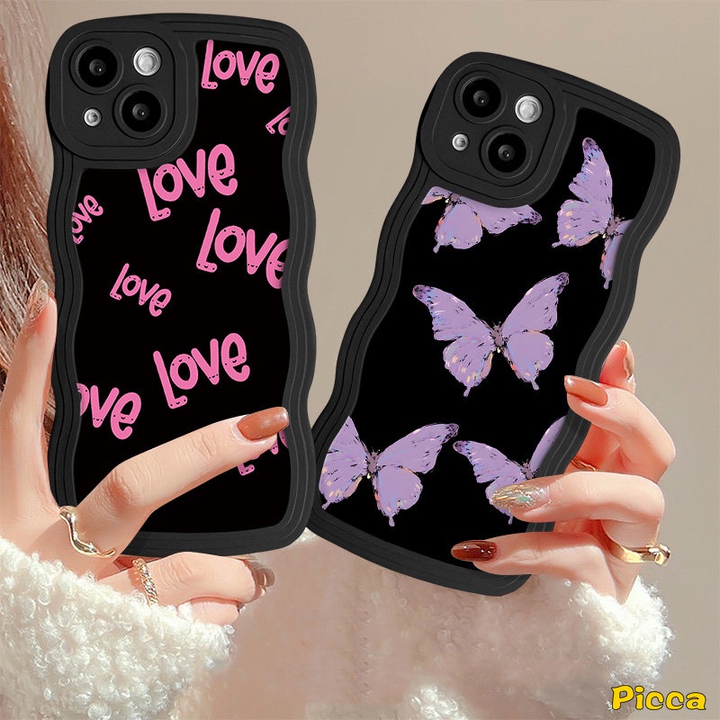 Ins Fashion Fantasy Butterfly Wavy Edge Phone Casing Untuk IPhone 7Plus 11 13 11 12 14 Pro Max XR 6s 8 6 7 Plus X XS Max SE 2020retro Flower Iove Letter Label Soft Back Cover