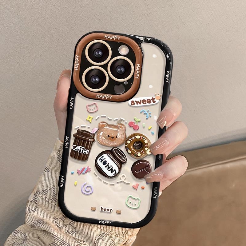 Stereoscopic Doll Puff Crystal Coffee Bear Silicone SoftCase IPhone XR XS Max 11 12 13 14 Pro Max 14 Plus Girl Woman's Fashion Pretty Cute Phone Case