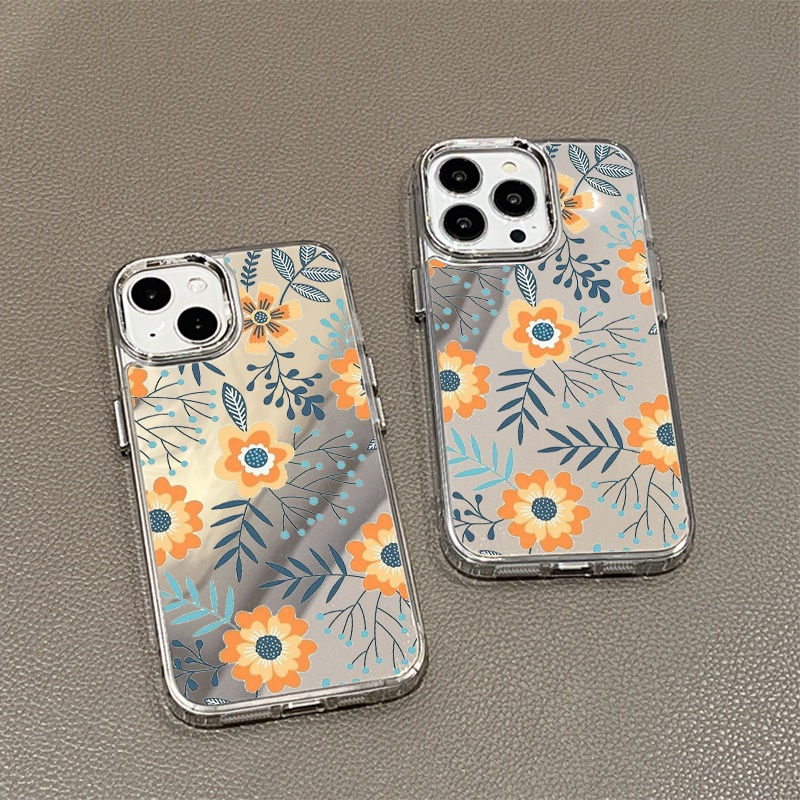 IPHONE Lukisan Bunga Cermin Ponsel Case Kompatibel Untuk Iphone11 12 13 14 12Pro 13Pro 14Pro Pro Max XR X XS Max Electroplating Tombol Perlindungan Mirror Cover
