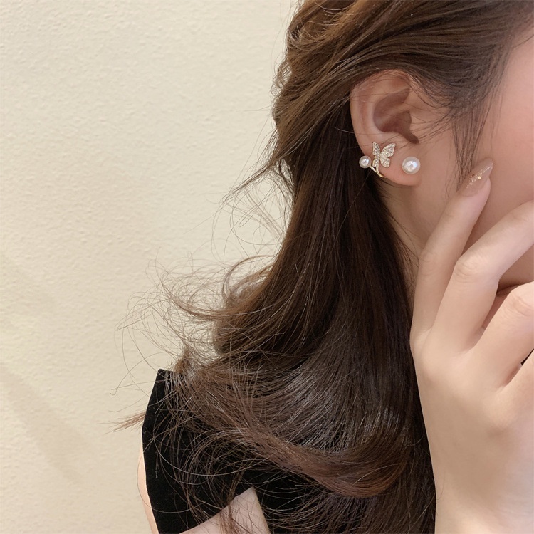 Korea INS Zirkon Kupu-Kupu Stud Earrings Fashion Gadis Elegan Simulasi Mutiara Berlian Imitasi Anting Pernikahan Perhiasan Aksesoris Pesta