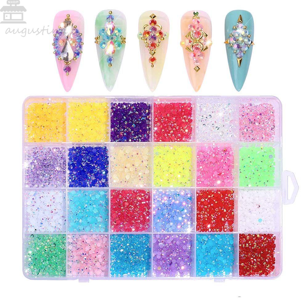 AUGUSTINA Agustinina Perhiasan Kuku Kristal Fashion 24grids Manicure Resin Neon Hiasan Kuku 3D Nail Charms