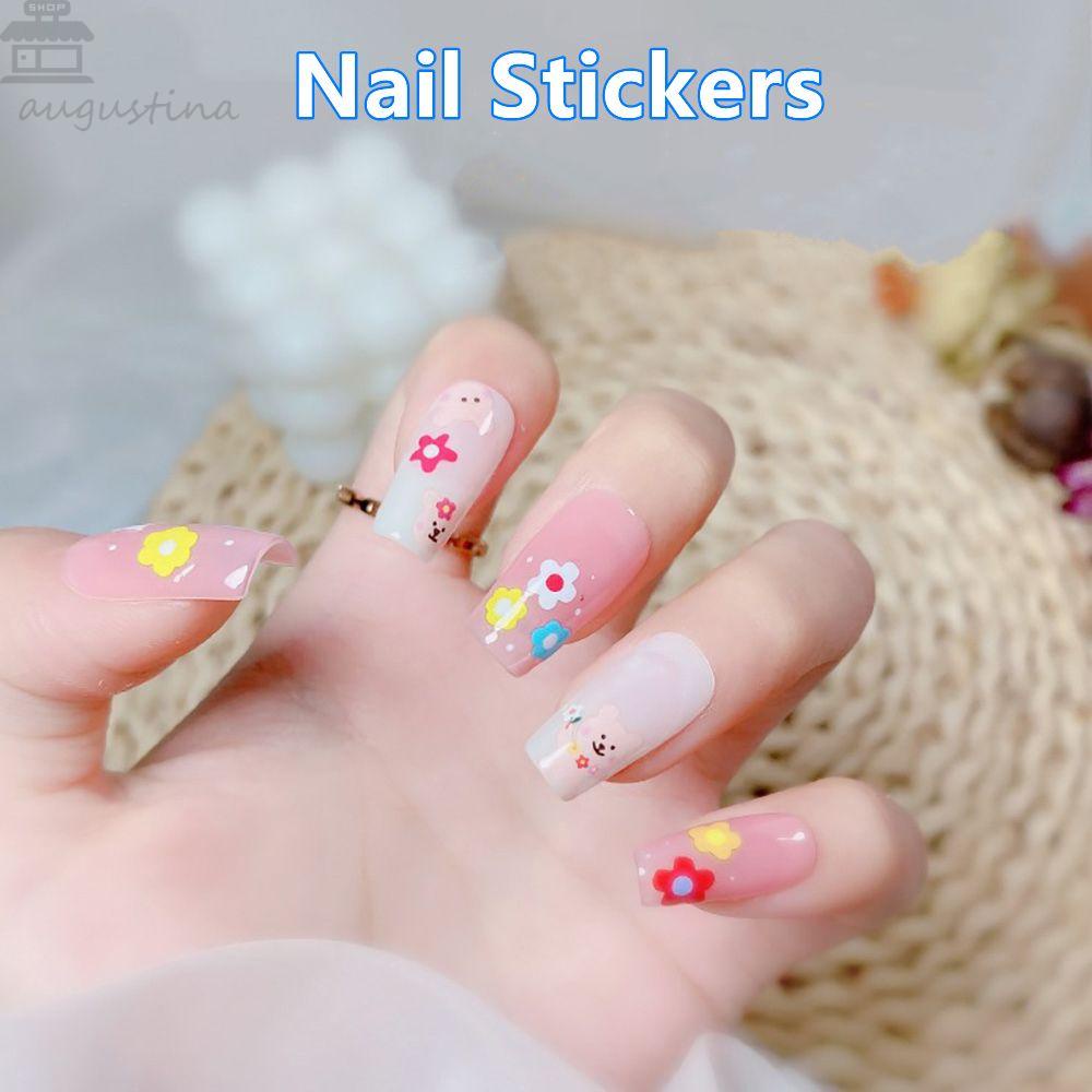 AUGUSTINA Agustina Stiker Kuku Wanita Kelinci Pelangi Hewan Bunga Matahari Kartun DIY Nail Decals