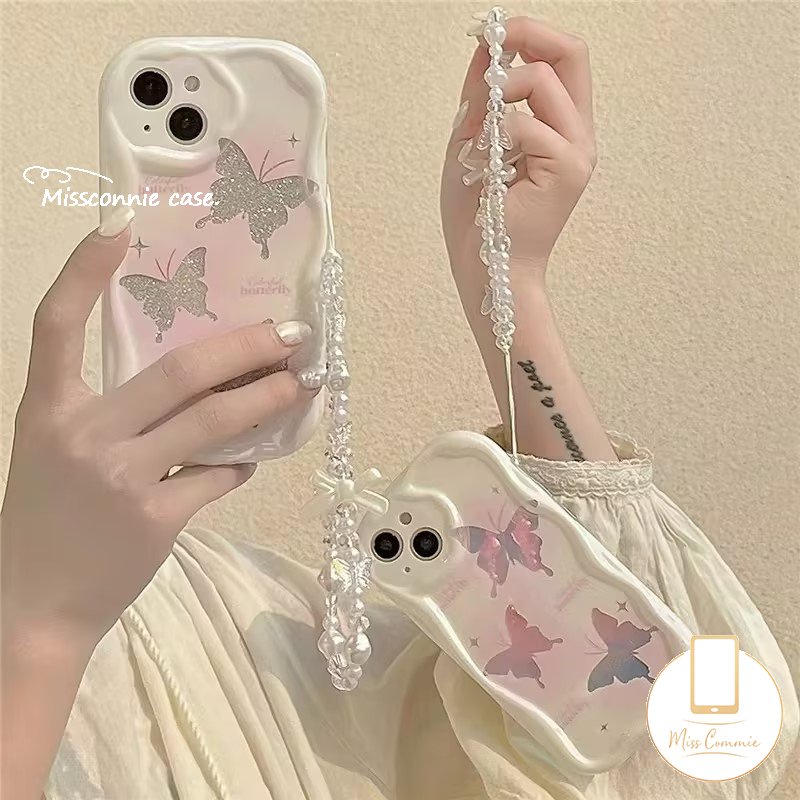 IPHONE Ins Korea Laser Smudge Glitter Fantasy Butterfly Dengan Lanyard Rantai Mutiara Case Kompatibel Untuk Iphone7 8 Plus XR 11 13 14 12 Pro Max 6 6s X XS Max SE 2020 Case Tepi Melengkung Bergelombang 3D