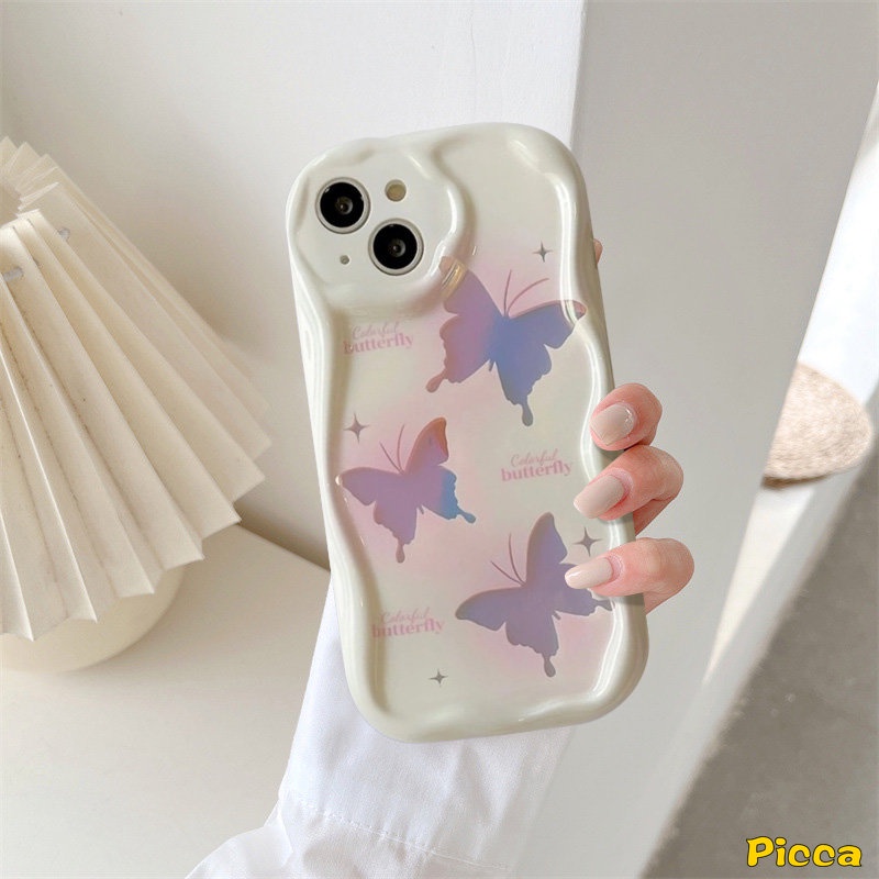 IPHONE Ins Korean Fantasy Butterfly Bow Smiley Flowers Case Kompatibel Untuk Iphone11 Pro Max XR 7Plus 6s 8 6 7 Plus 14 13 12 Pro Max X XS Max SE 2020 3D Wavy Curved Edge Glossy Cover