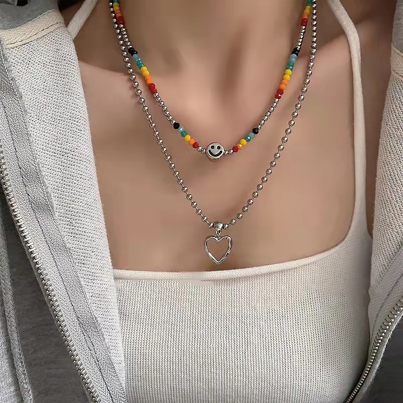 Manik-manik Bulat Kristal Smiley Face Cinta Hati Kalung 2-Piece Set Korea Sederhana Gadis Klavikula Rantai Unik Berkelas Kalung