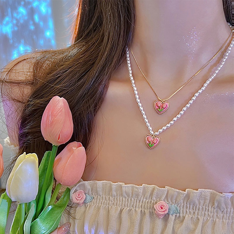 Tulip Cinta Hati Liontin Kalung Mutiara Gadis Manis Peach Hati Rantai Klavikula Cahaya Mewah Semua Pertandingan Desain Perasaan