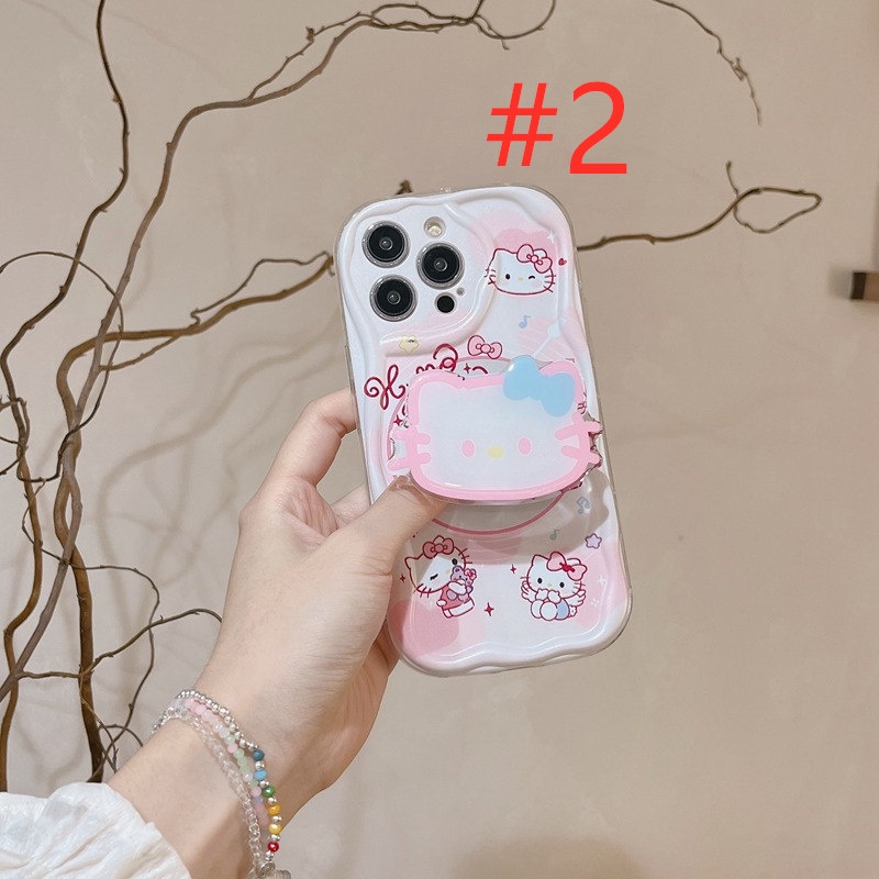 Cream Casing CD Hello Kitty Popsocket Soft Case HP iP iPhone 6 6S 7 8 14 + Plus SE 2020 2022 X XS XR 11 12 13 Pro Max Girl Woman