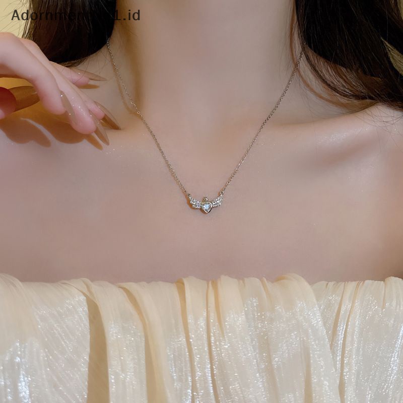 [AdornmentNo1] Gaya korea Fashion kristal hati sayap liontin kalung warna perak mahkota rantai klavikula untuk wanita pernikahan perhiasan Aesthetic