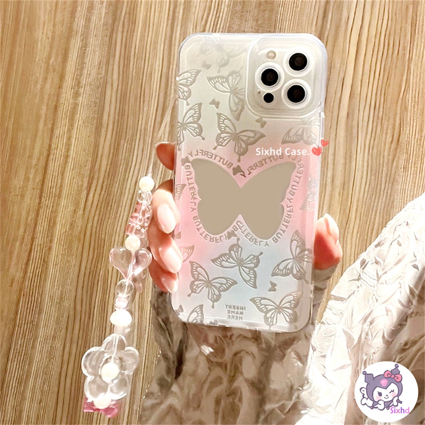 Compatible For iPhone 14 13 12 11 Pro Max SE2020 X XR Xs Max 7 8 6 6s Plus Ins Gradient Butterfly Phone Case+Holder Soft Cover