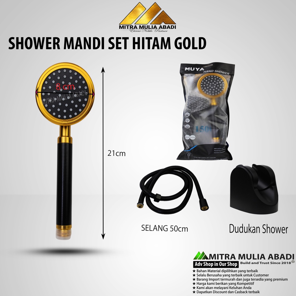 Hand Shower Mandi / Shower Mandi Set Hitam Gold / Kepala Hand Shower PVC Tebal