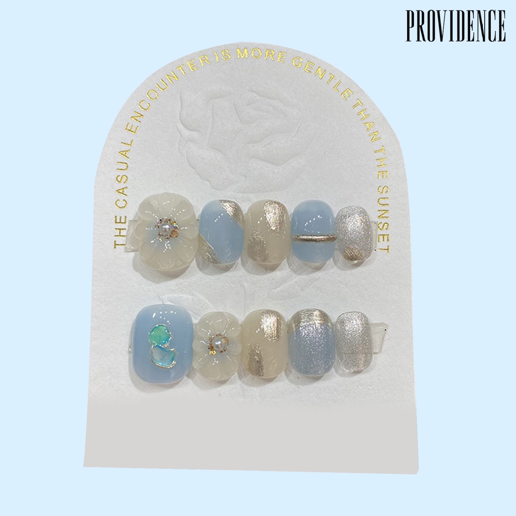 Providence 1set Press-On Kuku Lucu Bunga Kuku Palsu Penutup Penuh Buatan French Tip Wearable Kuku Palsu Dengan Desain Bling DIY Perlengkapan Nail Art