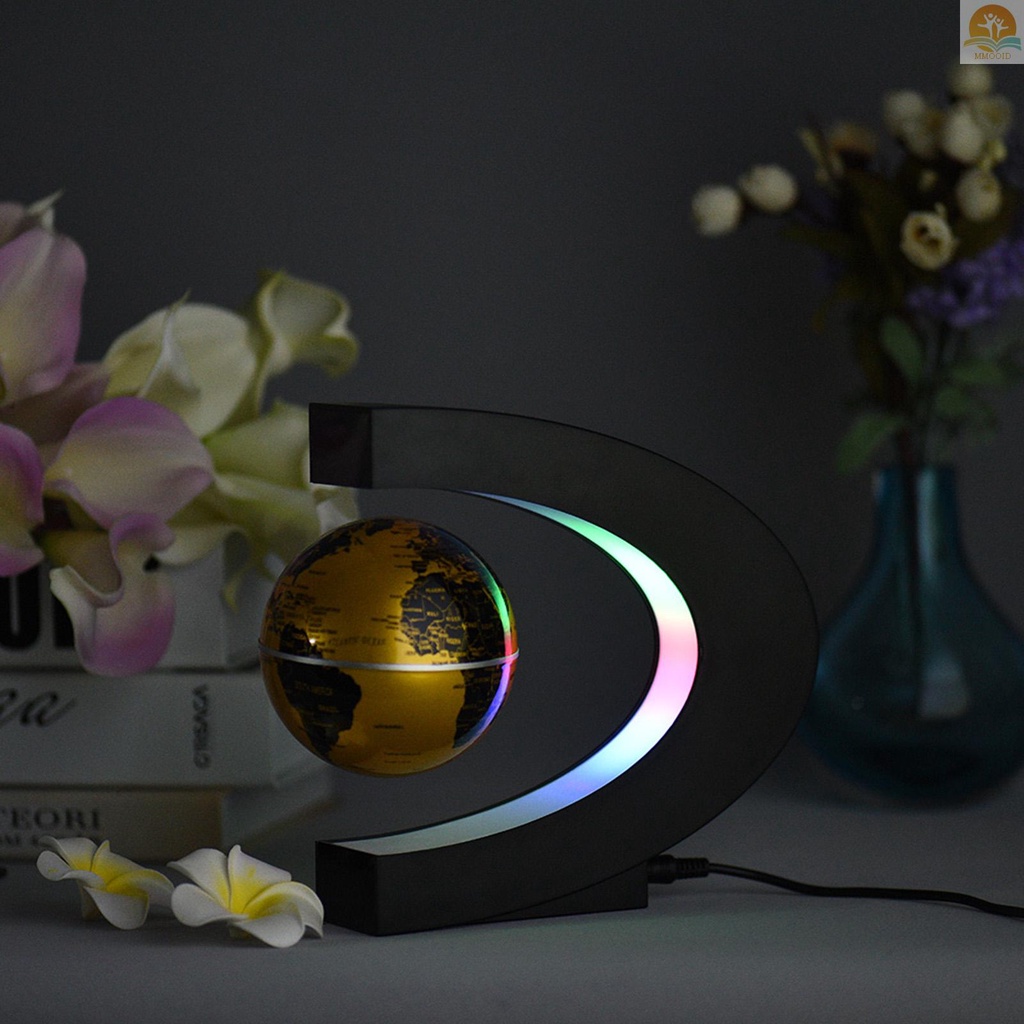 In Stock Globe Peta Dunia Apung Magnetik Berbentuk C 3inci Dengan Lampu Warna LED Untuk Dekorasi Rumah Kantor Mengajar Demo Emas, Plug Uni Eropa
