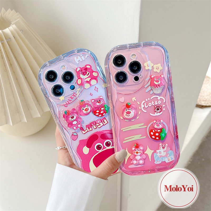 3D Wavy Curved Edge Glossy Soft Case Compatible for iPhone XR XS X Max 7Plus 11 12 14 13 Pro Max 7 6 8 6s Plus SE 2020 3D Cartoon Cute Doll Strawberry Bear Lotso Phone Cover