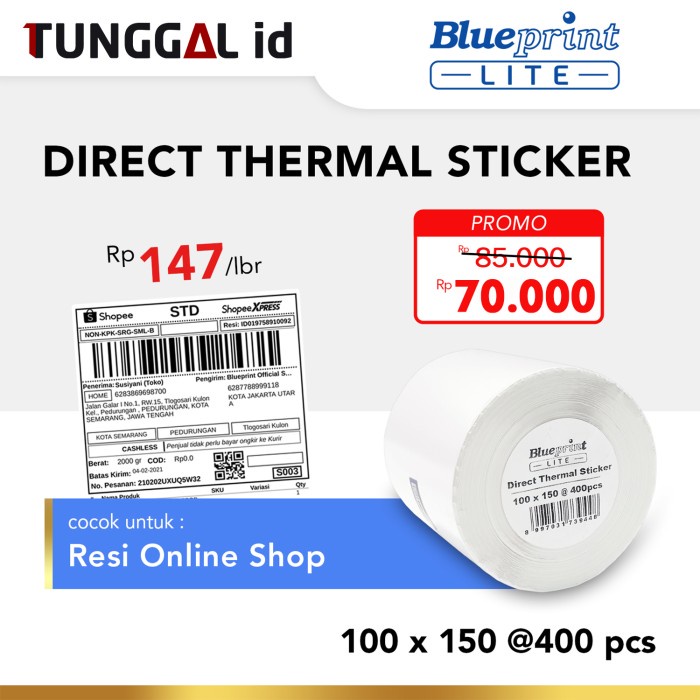 

Direct Thermal Sticker / Label Stiker BLUEPRINT 100x150 mm Isi 400 pcs
