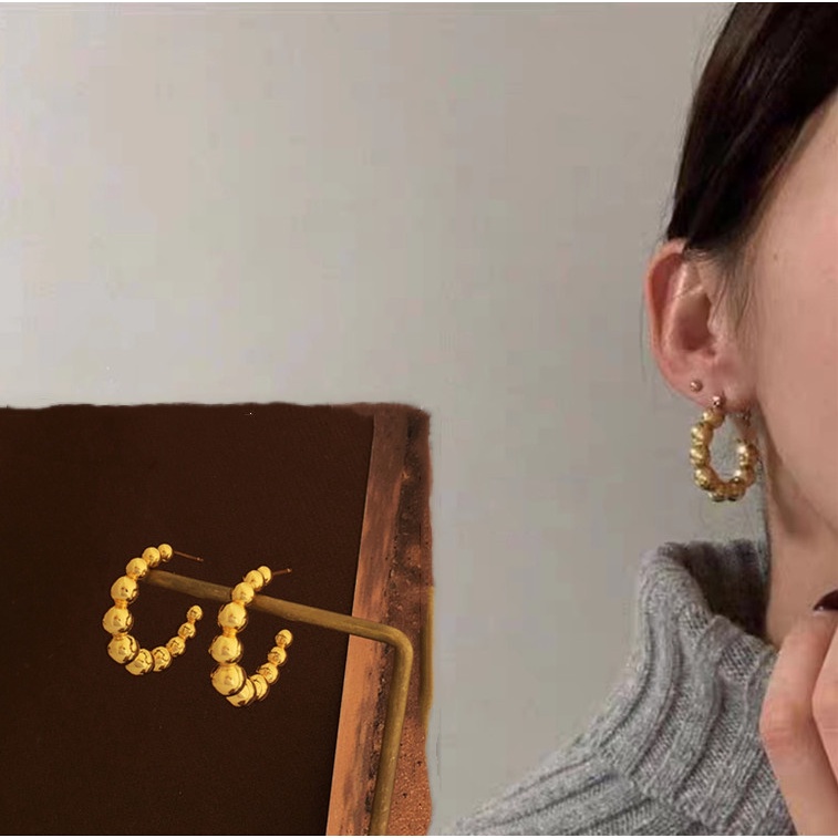 Versi Korea INS style Anting Manik Bulat Pribadi, Anting stainless steel Manik Bulat Berbentuk C Eropa Dan Amerika
