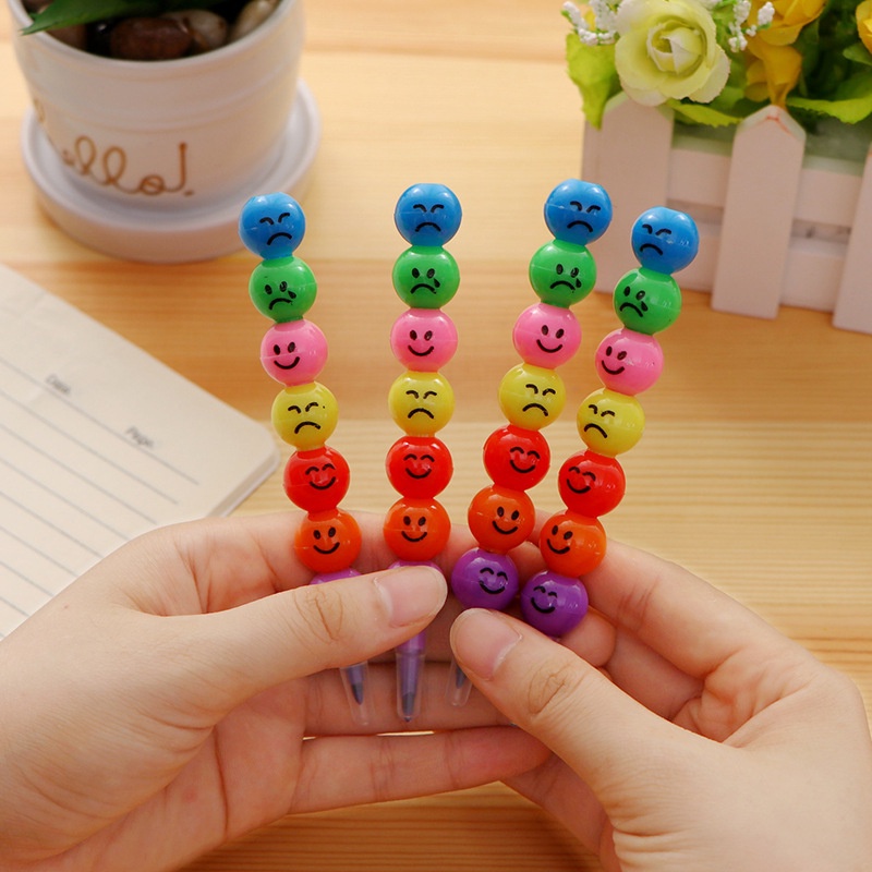 T&amp;Y Pensil Warna Susun Bulat 7 Warna 5pcs Pensil Warna Warni Karakter Smiley Alat Mewarnai Tujuh Susun Emoji Rainbow Import