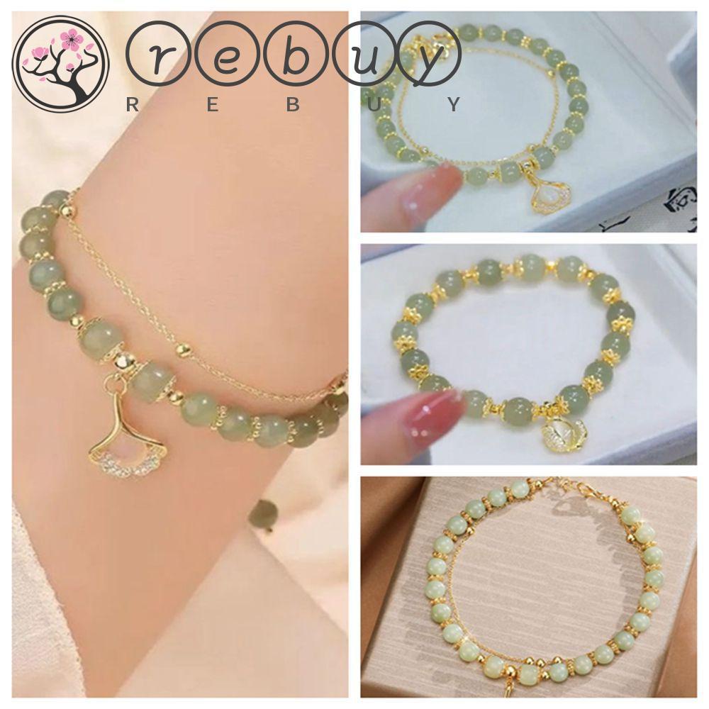 Gelang Rantai Giok Handmade Lapisan Ganda Bentuk Daun Tulip Aprikot Bahan Alloy Gaya Korea