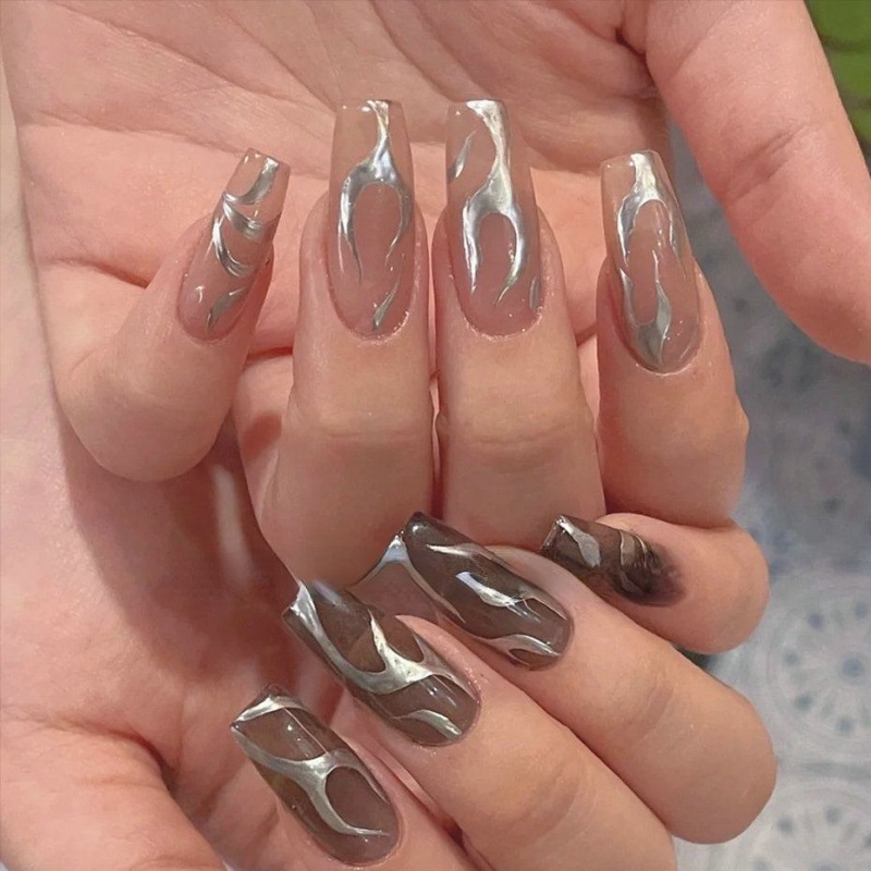 [Fitur] 1pc Paster Perekat Diri 3D/Ins Stiker Kuku Garis Silver/Stiker Kuku Geometri/Dekorasi Manicure Sederhana/DIY Nail Art/Alat Kuku/Aksesoris Kuku Untuk Wanita