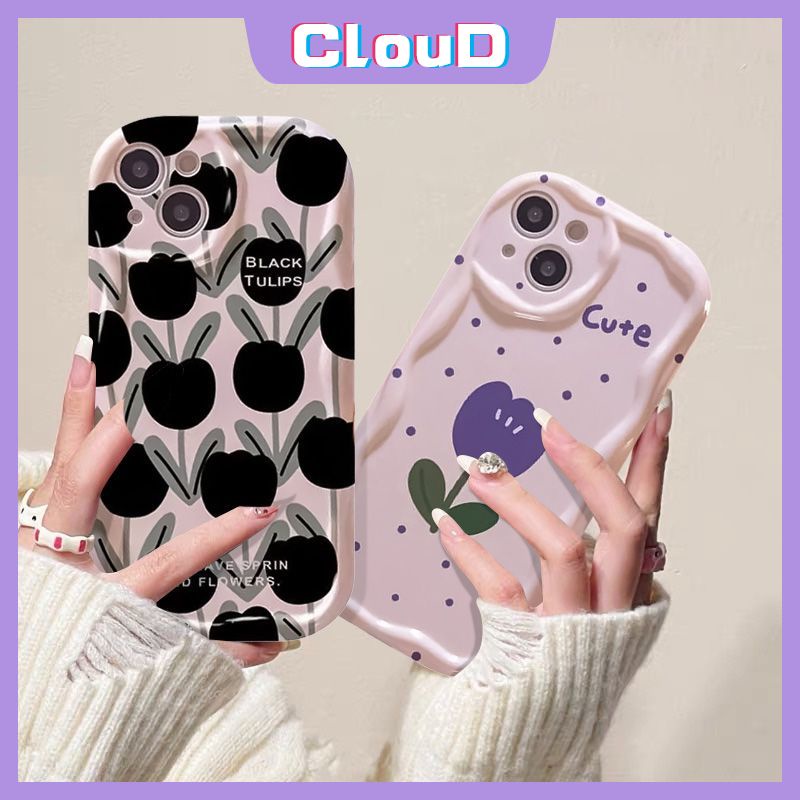 Casing Tahan Guncangan Tepi Melengkung Bergelombang 3D Untuk Infinix Hot11 10 20 30 9 8 12 Play Note12 G96 Smart 7 5 6 6Plus Hot8 9 30i 10Lite Vintage Black Tulip Retro Purple Little Dot Tulip Case