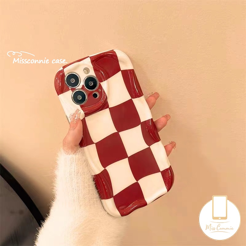 IPHONE Ins Red Checkerboard Shining Love Heart Phone Case Kompatibel Untuk Iphone11 14 XR 7Plus 13 12 14 Pro MAX X XS MAX 6S 7 6 8 Plus SE 2020fashion 3D Wavy Curved Edge Glossy Cover