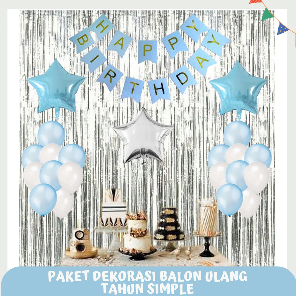 Paket Dekorasi Balon Ulang Tahun Simple / Biru Putih / Biru Silver