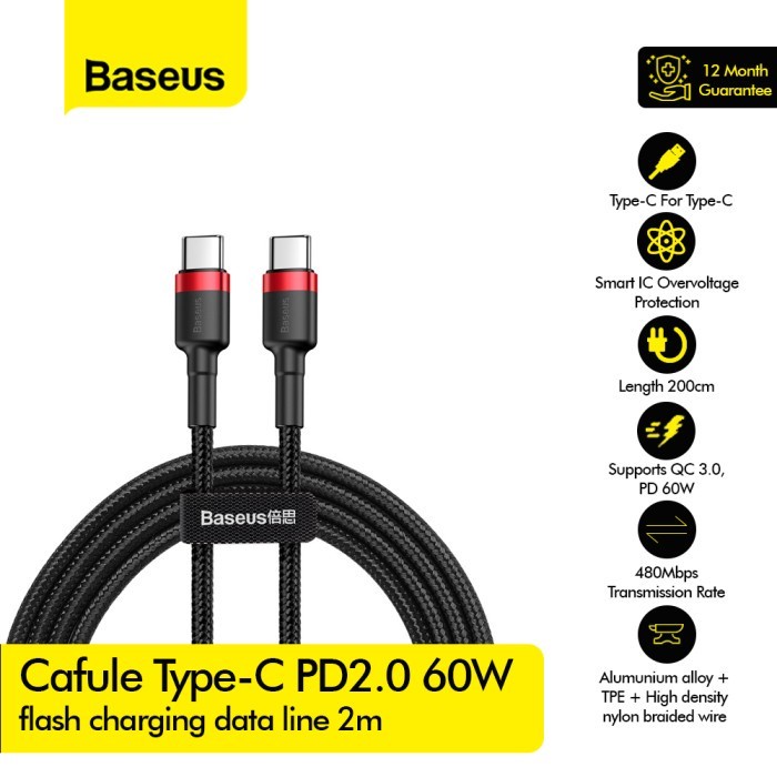 BASEUS Kabel Cafule Type-C PD2.0 60W flash charging 2m / 1m - CATKLF-H CATKLF-G