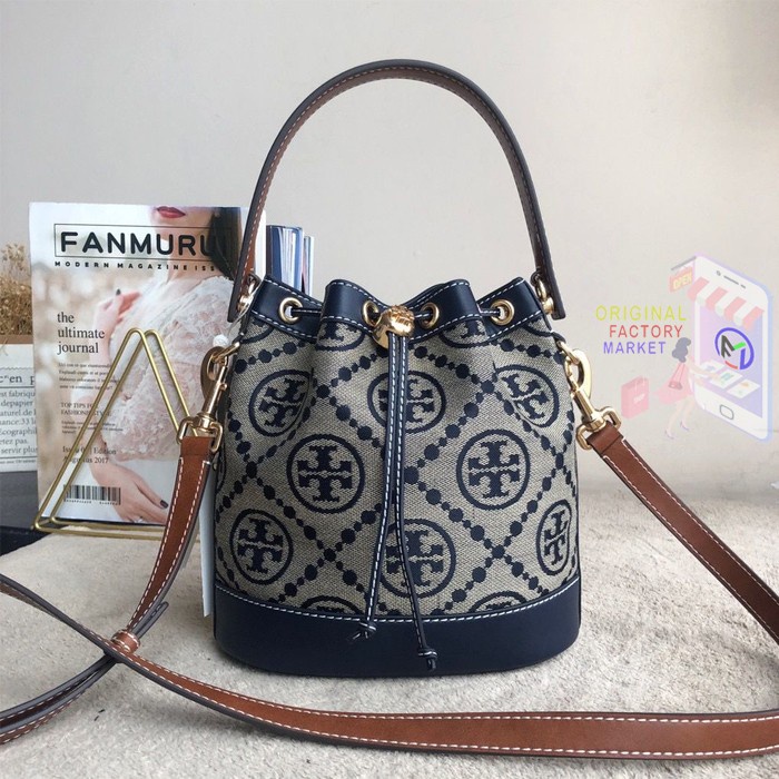 VS Tas TORY BURCH T Monogram Jacquard Bucket Bag Navy ORIGINAL 79487 TB